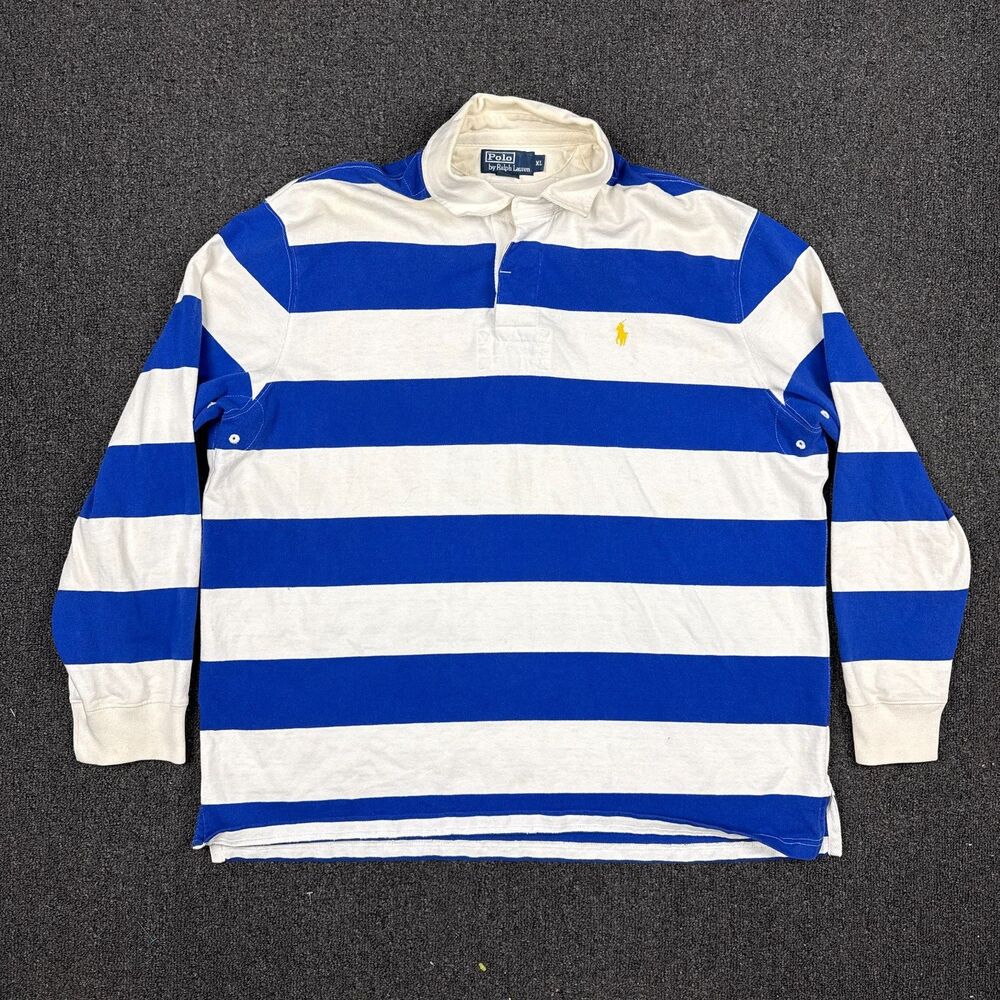 Polo Ralph Lauren Shirt Mens Rugby Polo Striped Classic Fit Cotton Blue Size XL